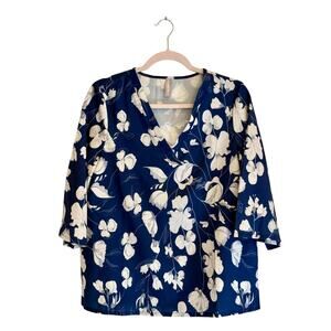 NORACORA Women's Small Blue & White Floral Blouse Top Cottage Core Office Casual